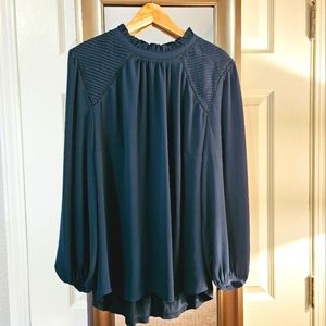 LOFT Deep Sea Blue Mixed Media Blouse Size 16